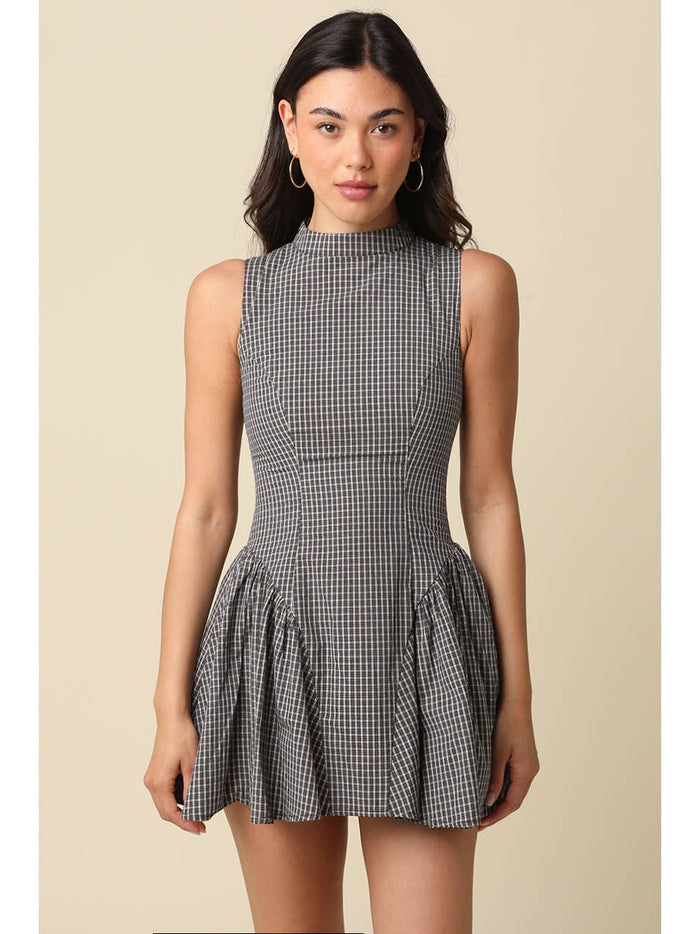 Simone Gingham Pleated Mini Dress - Black