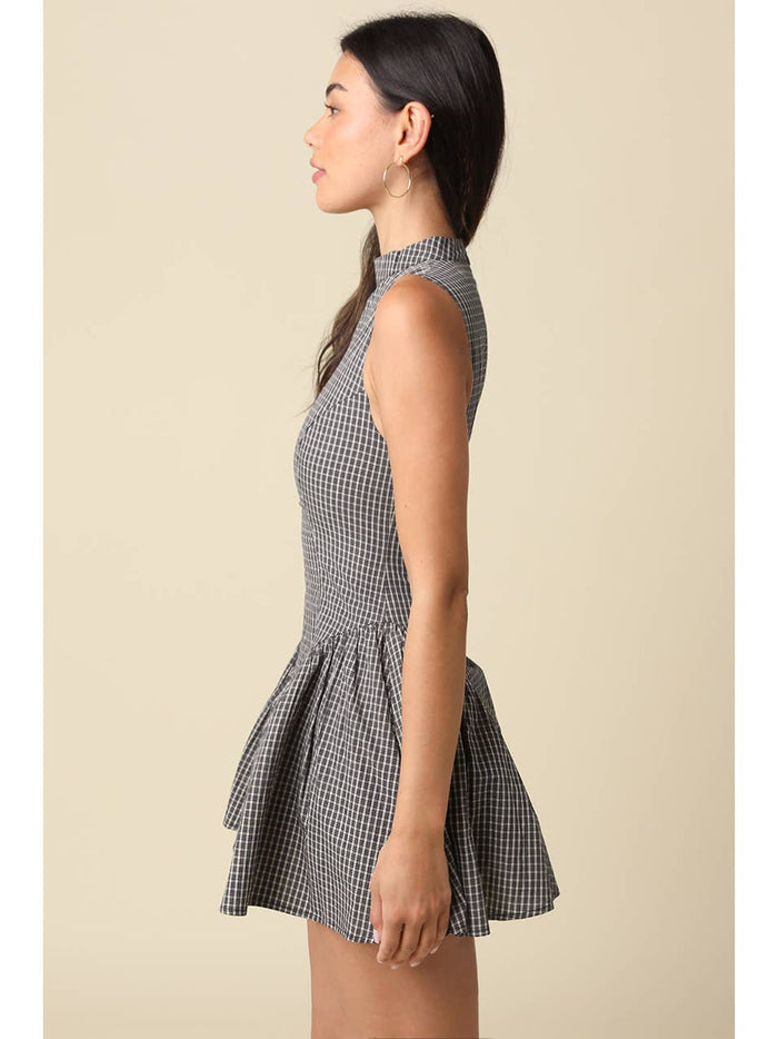 Simone Gingham Pleated Mini Dress - Black