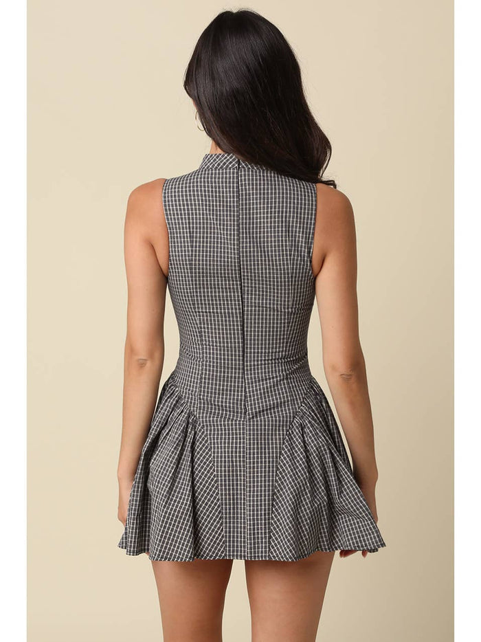 Simone Gingham Pleated Mini Dress - Black