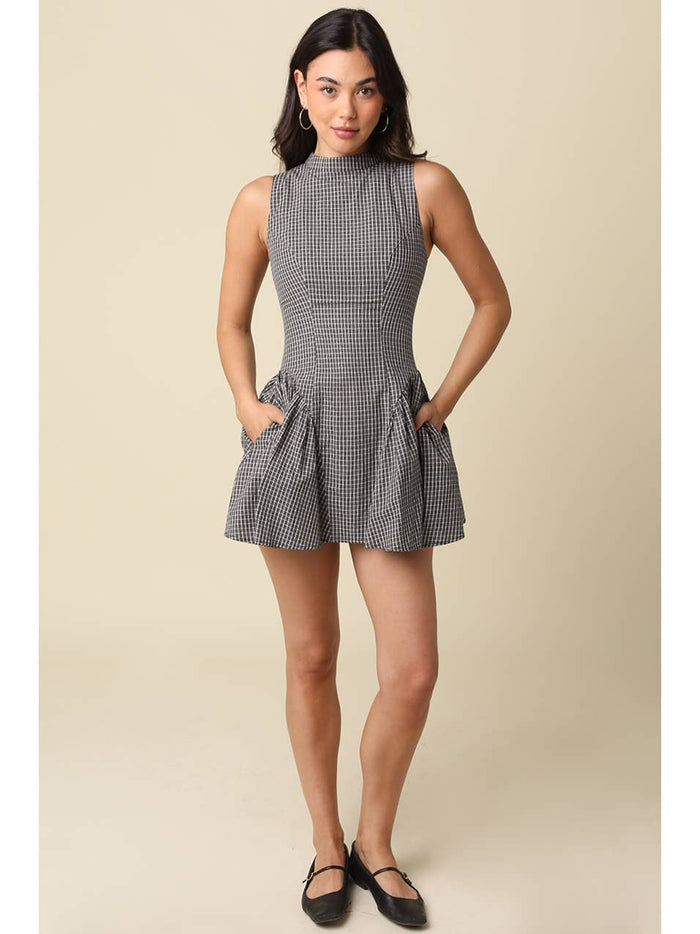 Simone Gingham Pleated Mini Dress - Black