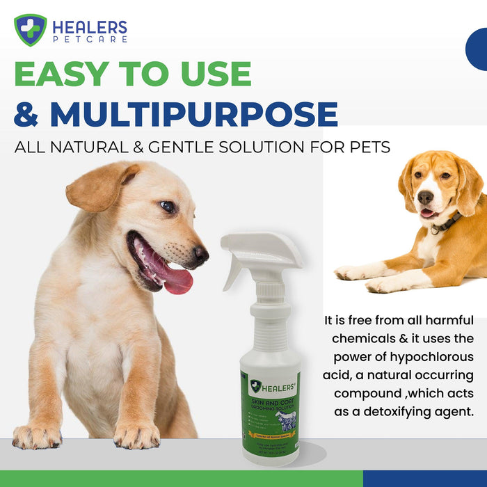 Promotional graphic for Healers Skin and Coat Grooming Solution showing two dogs and a spray bottle. Text highlights the product as easy to use, multipurpose, all-natural and gentle for pets. It states the solution is free from harmful chemicals and contains hypochlorous acid, a natural detoxifying agent.
