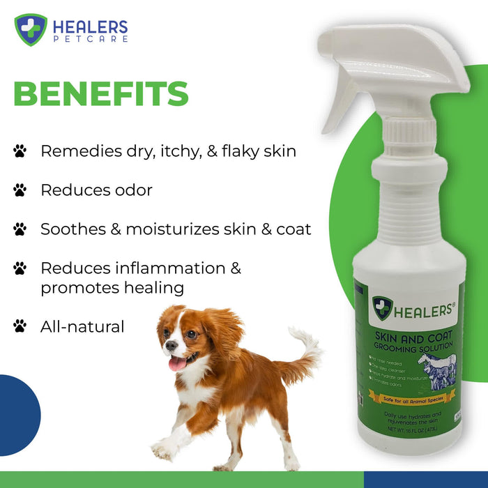 Healers PetCare Skin and Coat Grooming Solution spray bottle shown with benefits like soothing dry skin, reducing odor, moisturizing coat, promoting healing, and being all-natural, alongside a happy dog.