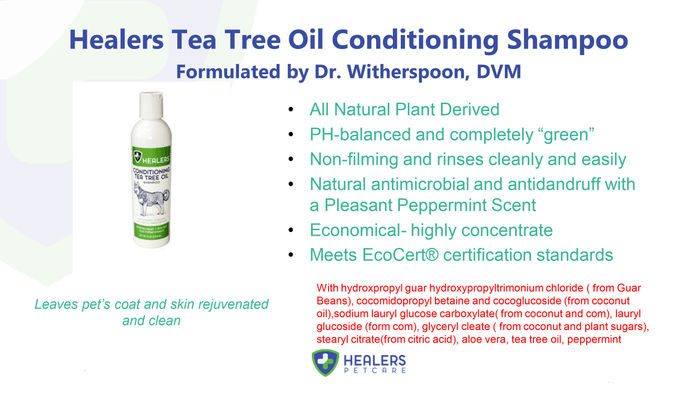 Healers Tea Tree Oil Conditioning Shampoo bottle next to product features and ingredient list, emphasizing its all-natural, pH-balanced, antimicrobial properties with peppermint scent, formulated by Dr. Witherspoon, DVM.