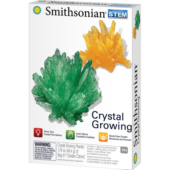 The Smithsonian Crystal Growing Value Set by Smithsonian showcases large green and yellow crystals, features geology experiments, lets you grow two crystal types, and explore crystalline habits. Suitable for ages 10 and up.