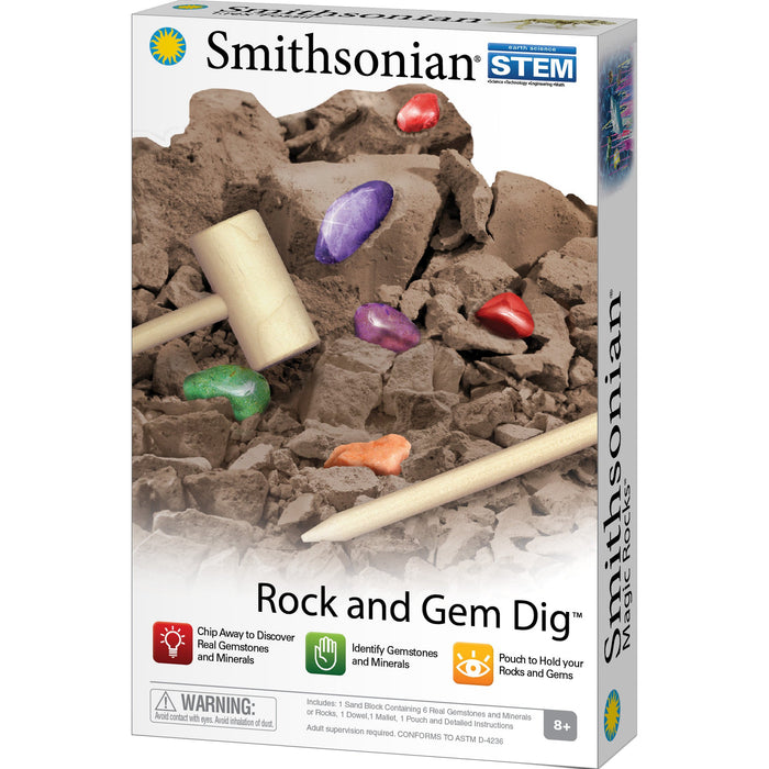 The image shows a Smithsonian Rock And Gem Value Set box with tools and vibrant gemstones in brown clay. This STEM kit by Smithsonian, designed for ages 8+, lets kids dig out and identify real gemstones and minerals.