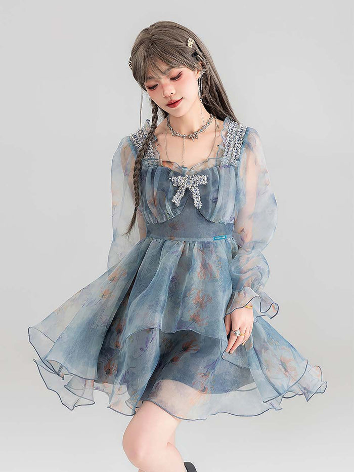 Smoky Blue Floral Princess Dress | ZAKAPOP