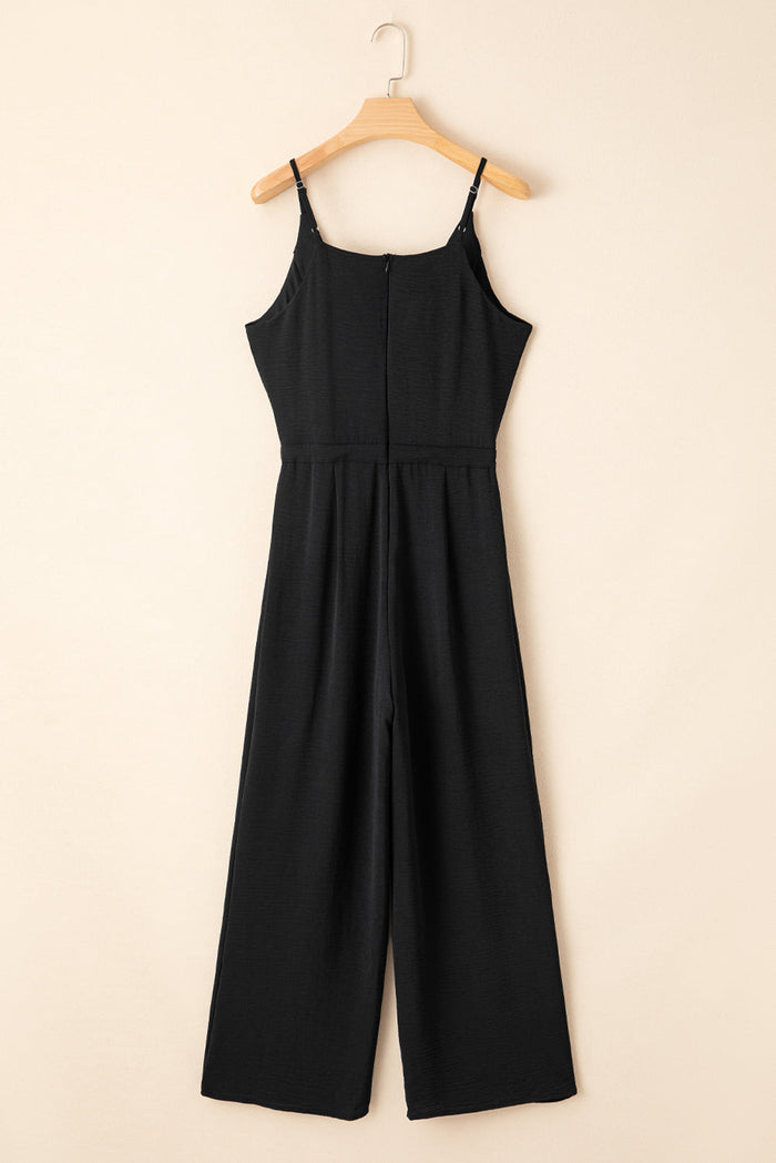 Solid Spaghetti Strap Wide Leg Drawstring Jumpsuit