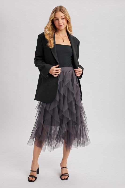 Spiral Ruffled Tulle Midi Skirt