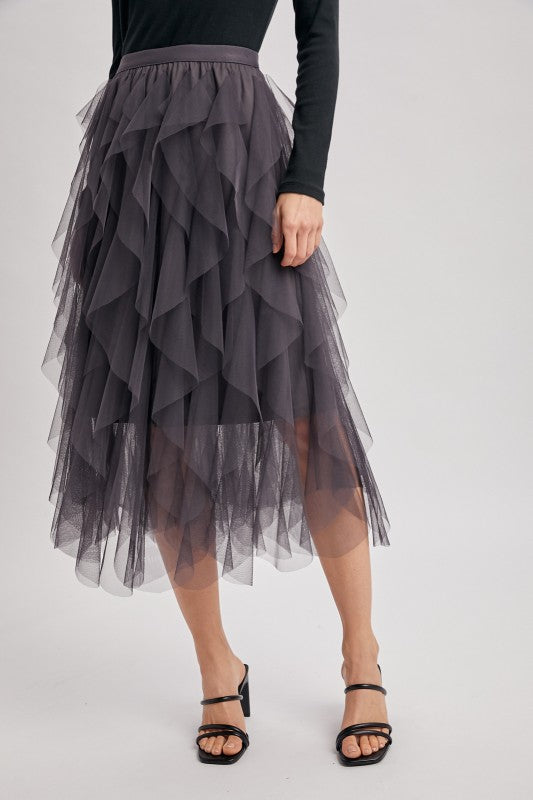 Spiral Ruffled Tulle Midi Skirt