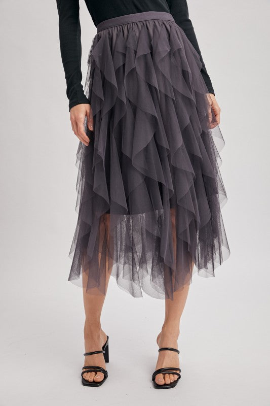 Spiral Ruffled Tulle Midi Skirt
