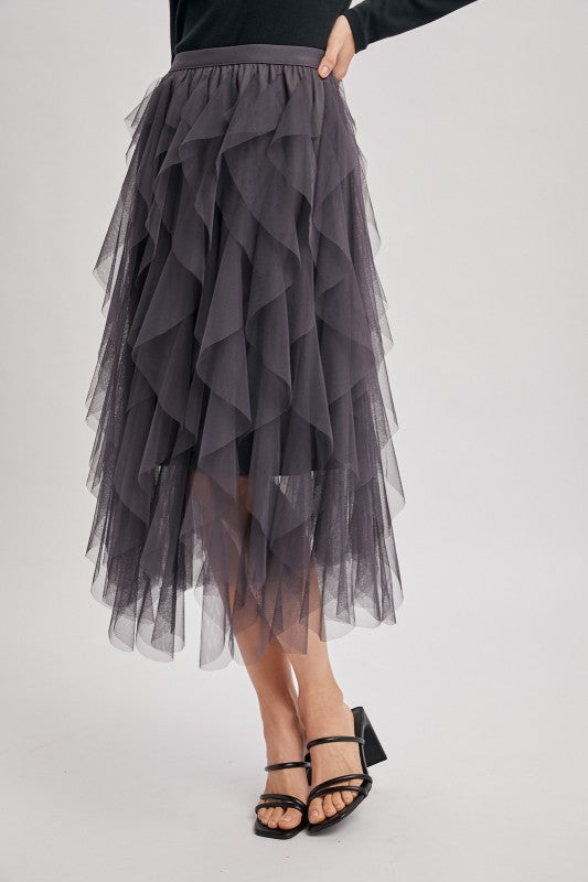 Spiral Ruffled Tulle Midi Skirt