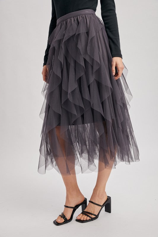 Spiral Ruffled Tulle Midi Skirt