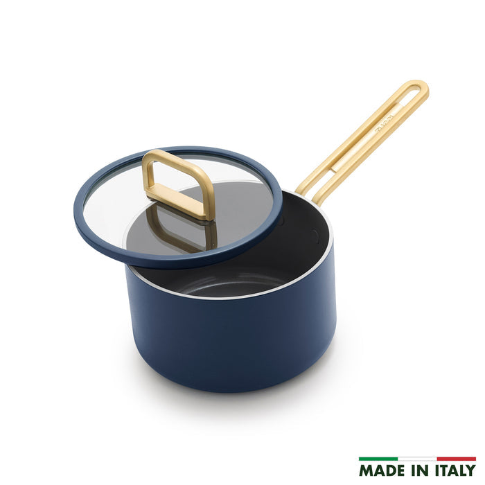 Blue ceramic saucepan with lid, 2-quart size, shown in Marino Blue color.