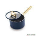 Blue ceramic saucepan with lid, 2-quart size, shown in Marino Blue color.