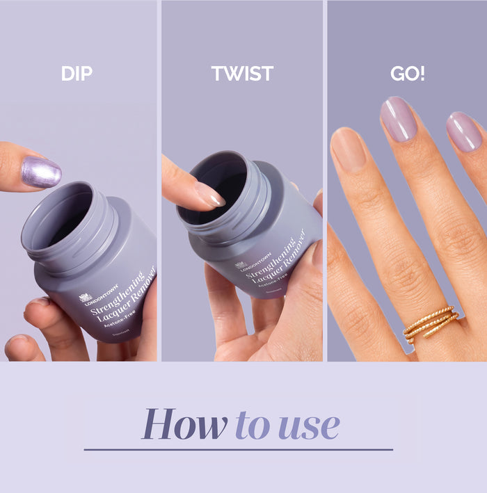 How to use: For a fresh start, dip your finger into the LONDONTOWN Strengthening Lacquer Remover Pot (purple jar), twist inside, and reveal clean, manicured nails—shown with a gold ring on one finger.