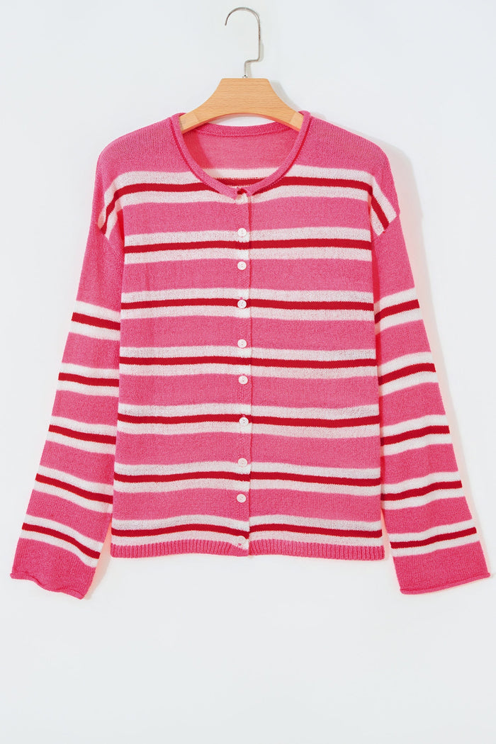 Stripe Drop Shoulder Buttoned Knit Cardigan