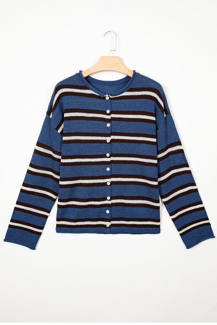 Stripe Drop Shoulder Buttoned Knit Cardigan