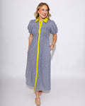 Stripe Puff Sleeve Midi Dress in Navy