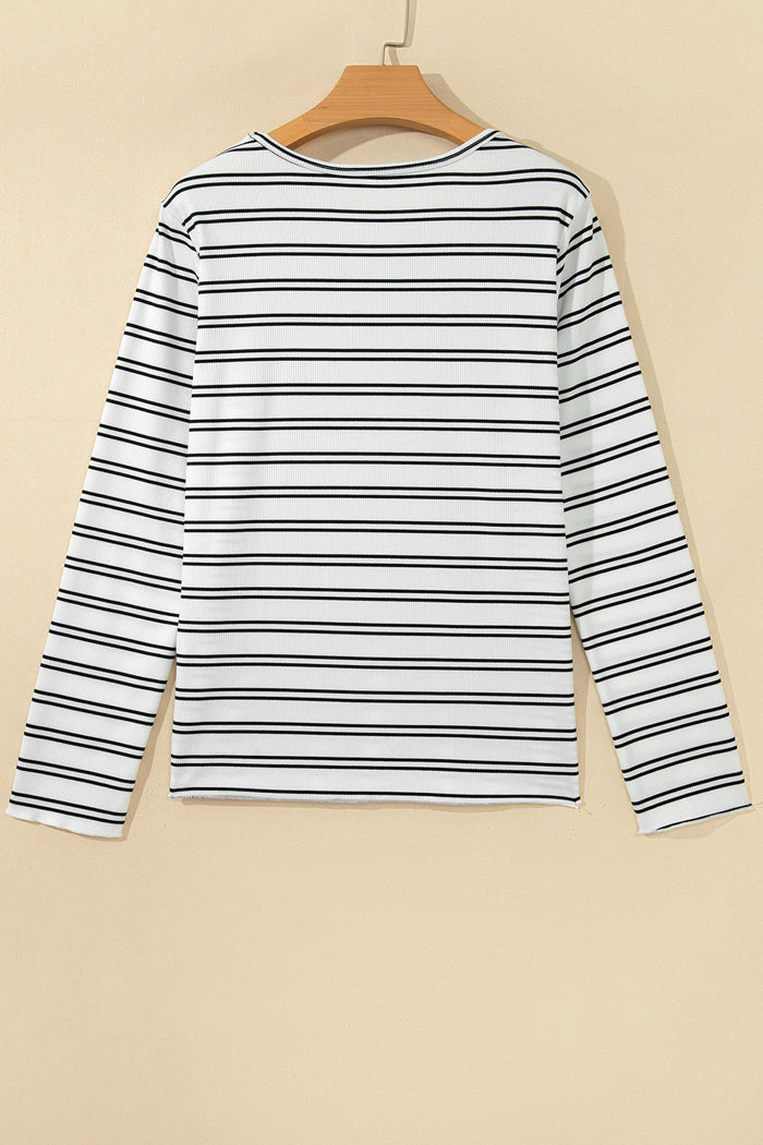 Striped Ribbed Knit Long Sleeve Top