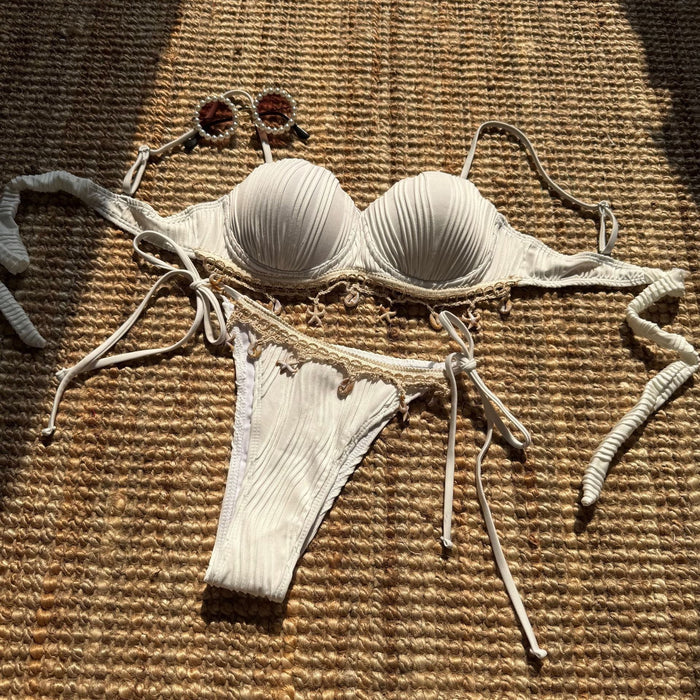 Summer Elegant Ladies Solid Textured Fabric Bikini Set | ZAKAPOP