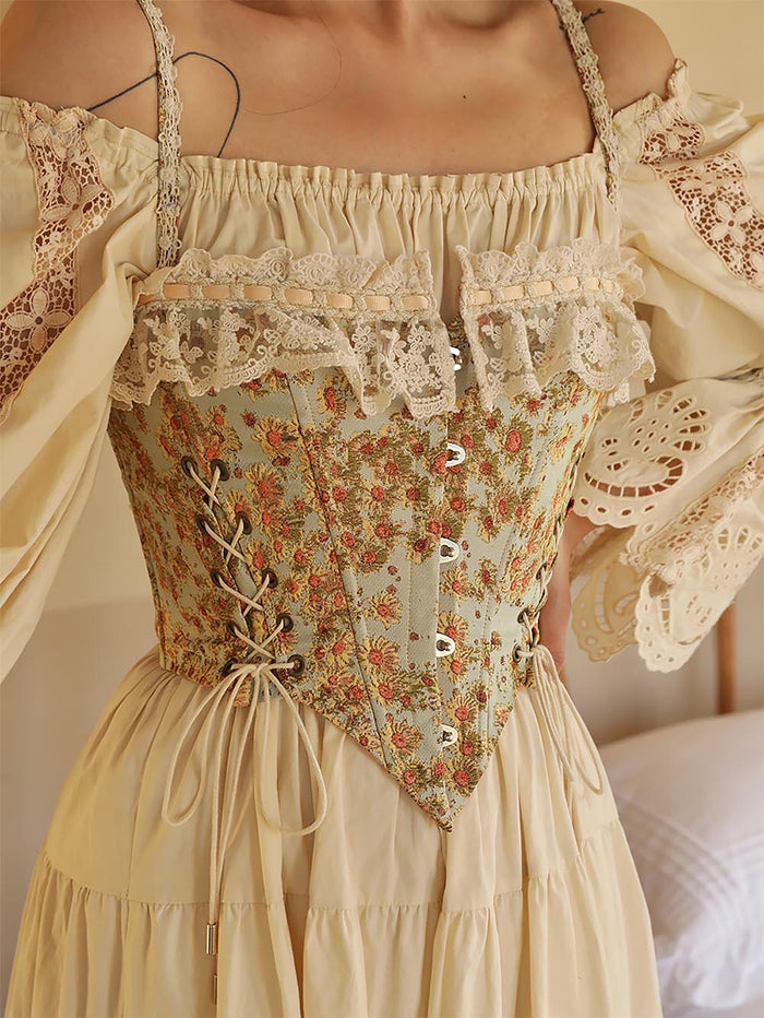 Sunflower Embroidered Lace Herringbone Corset | ZAKAPOP
