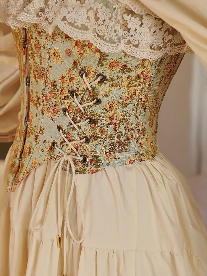 Sunflower Embroidered Lace Herringbone Corset | ZAKAPOP