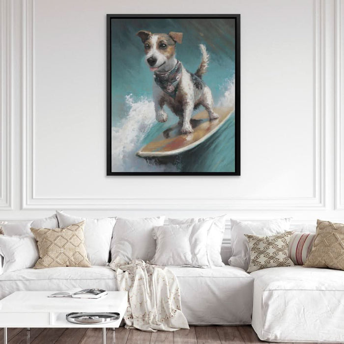 Surf Dog - Dog Wall Art in Black Frame