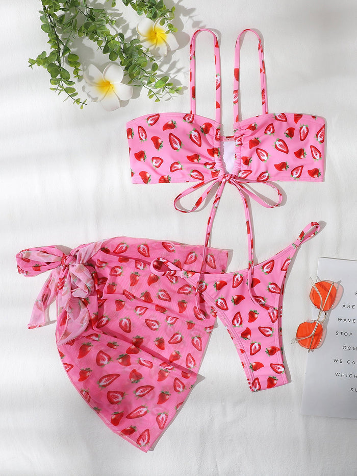 Three-Piece Strawberry Pattern Gauze Bikini | ZAKAPOP