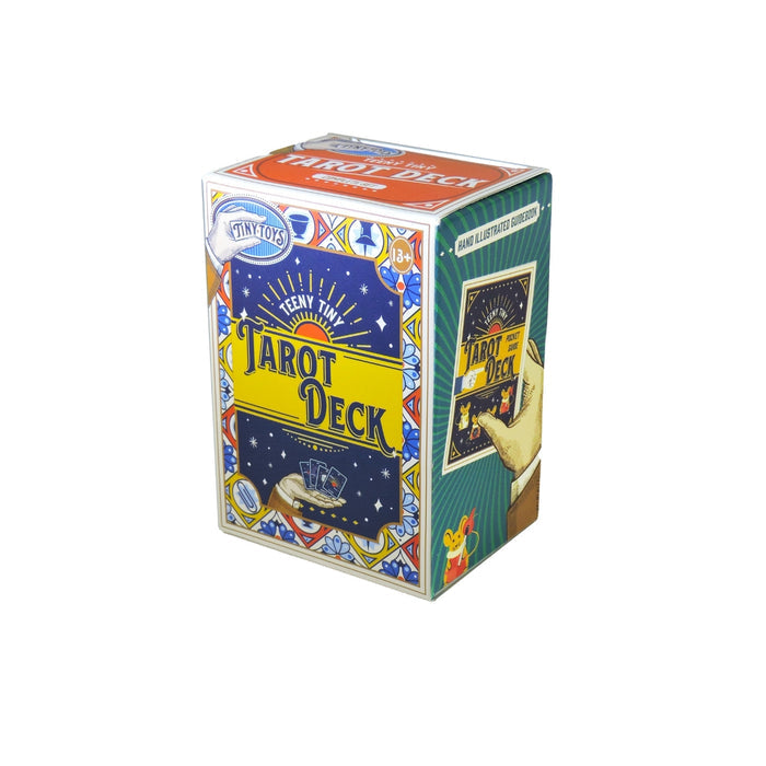 The Tiny Toys Teeny Tiny Tarot Deck by Tiny Toys features mini tarot cards with stars and symbols in a small boxed set with colorful, vintage-style art—perfect as a travel tarot deck for ages 13 and up.