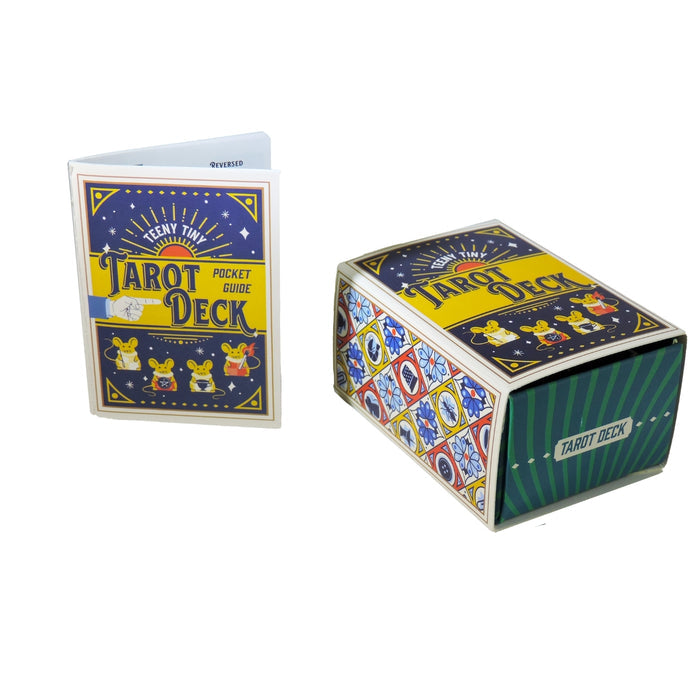 The Tiny Toys Teeny Tiny Tarot Deck by Tiny Toys features a colorful box and pocket guide with cartoon animals on the cover, perfect for travel tarot readings, shown against a white background.