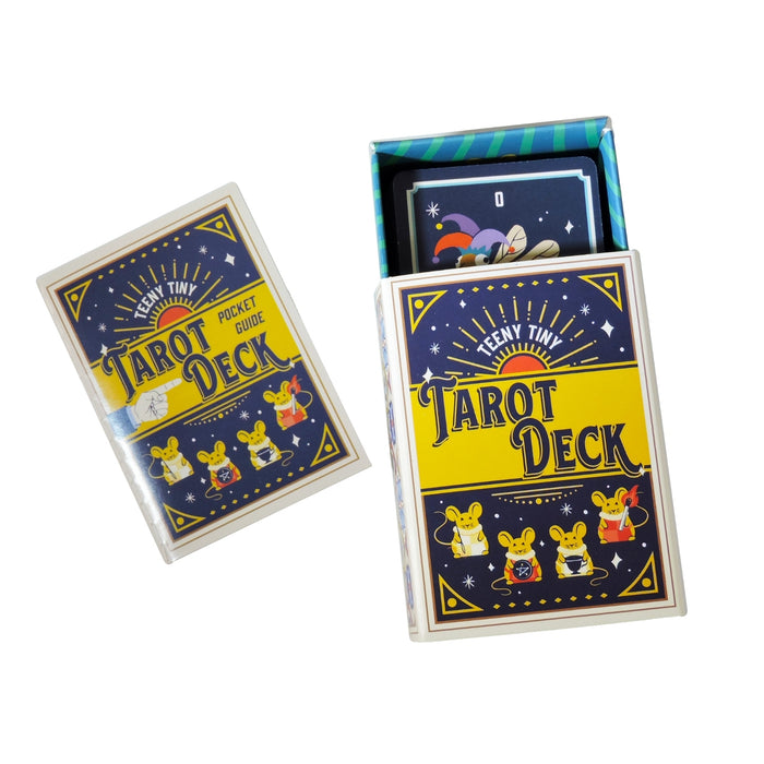 The Tiny Toys Teeny Tiny Tarot Deck by Tiny Toys features a box with adorable mouse art, mini tarot cards inside, and a pocket guide—an ideal pick for travel tarot readings.