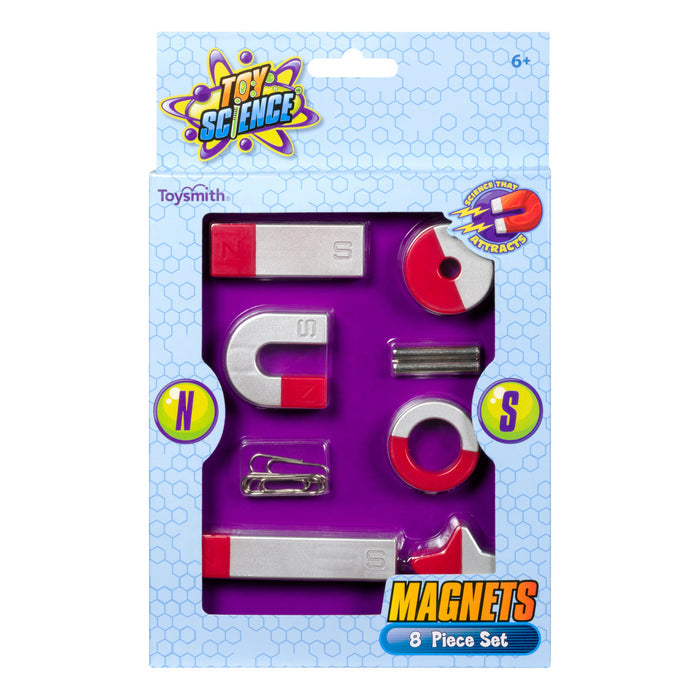 The Toy Science Magnet Set by Toy Science includes 8 STEM magnets—bar, horseshoe, and ring magnets, rods, and paper clips—in a purple and blue package. Labeled for ages 6+.