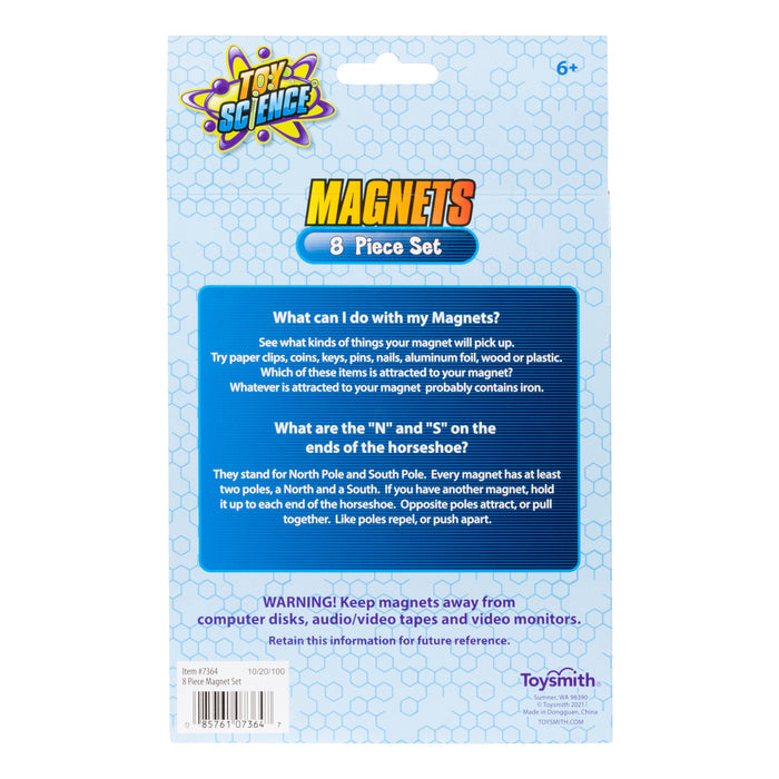 Back of a Toy Science Magnet Set package by Toy Science, featuring text about magnet uses, the meanings of N and S on horseshoe magnets, safety warnings, company info—an engaging STEM toy for curious young minds.
