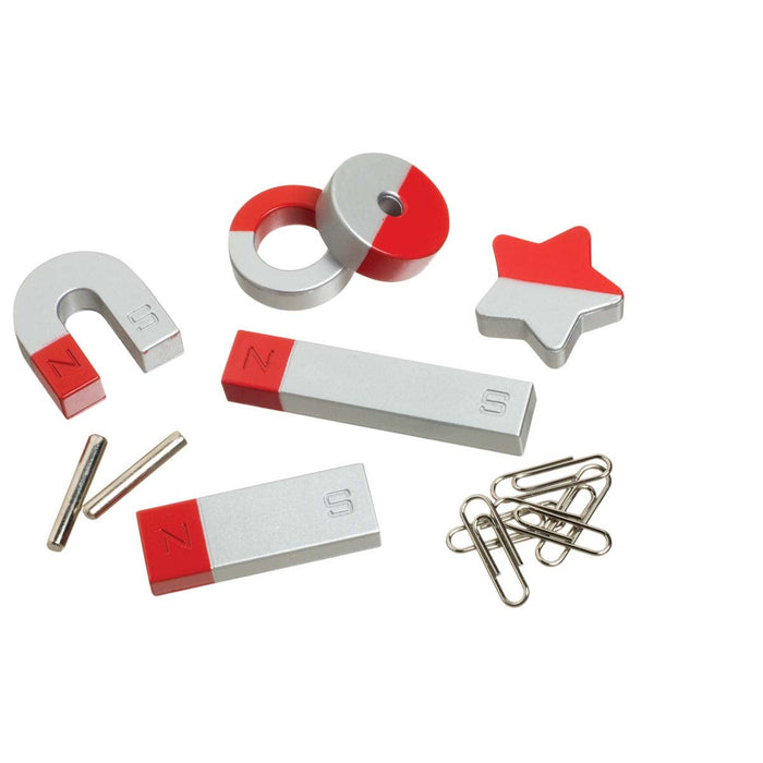 The Toy Science Magnet Set by Toy Science features bar, horseshoe, ring, and star magnets in silver and red, plus metal rods and paper clips—making it a great STEM toy for hands-on learning. Displayed on a white background.