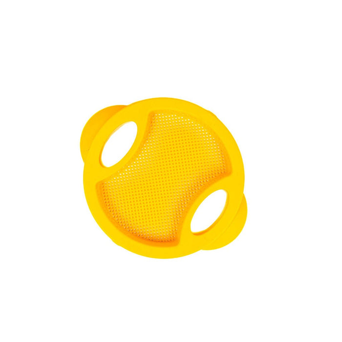 The Toysmith 15pc Sand Bucket Set includes a yellow plastic sieve with two large oval handles and a perforated surface, ideal for sifting sand, making it perfect for beach play.