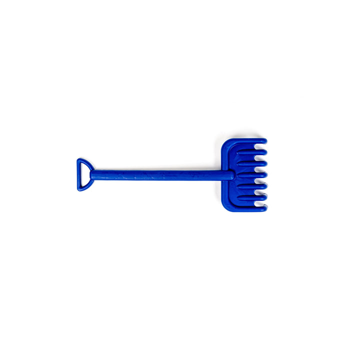 The Toysmith 15pc Sand Bucket Set by Toysmith includes a blue plastic toy rake with a flat handle and wide prongs, ideal for use with sandcastle molds or other beach toys, shown on a plain white background.