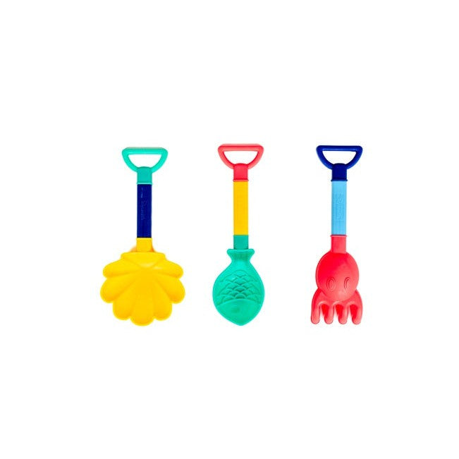 The Toysmith 3PC Sand Tool Set features three colorful handled plastic beach toys—a yellow shell, green fish, and red octopus—by Toysmith, perfect for creative fun in the sandbox or at the beach.