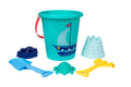 The Toysmith 6pc Set Ship Sand Bucket Set by Toysmith includes a turquoise ship-shaped bucket, blue shovel, yellow rake, and three sandcastle molds (turtle, boat, castle), all displayed on a white background.