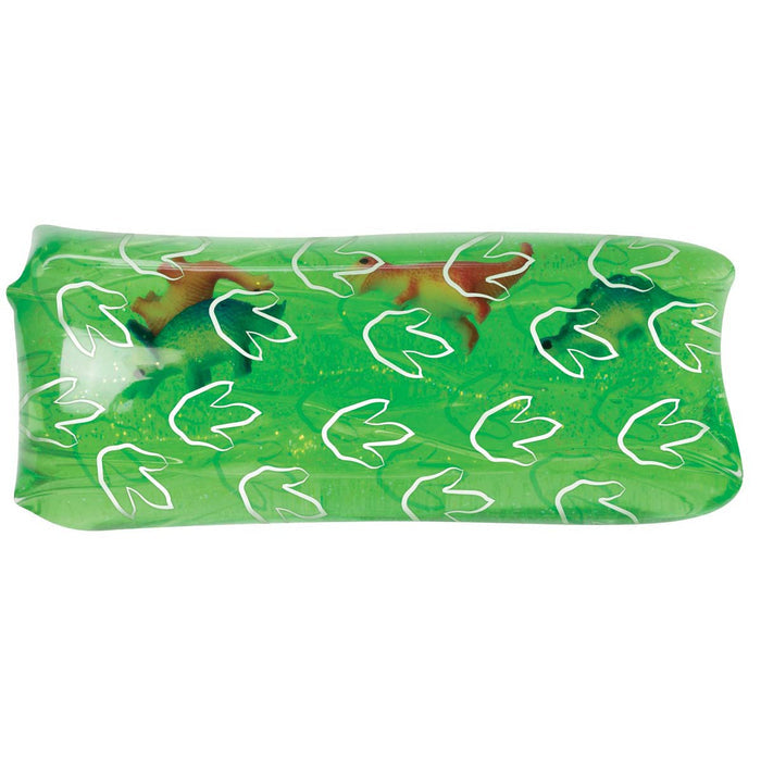 The Toysmith Dino Water Snake by Toysmith is a green gel pad with white dinosaur footprints and a tiny toy dino inside, making it a fun and fidget-friendly sensory toy.