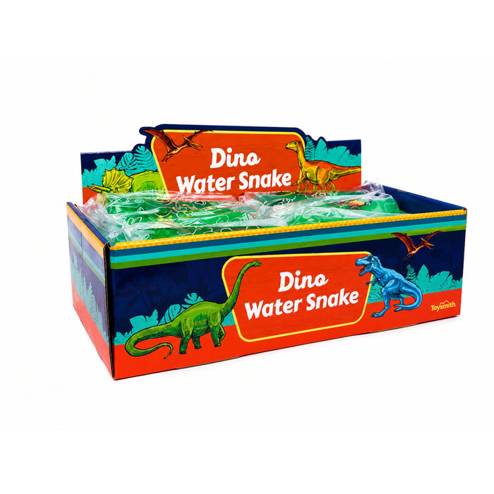 A vibrant Toysmith Dino Water Snake box, decorated with playful dinosaur graphics, is open to showcase the fidget-friendly sensory toy collection from Toysmith, featuring several green water snake toys inside.
