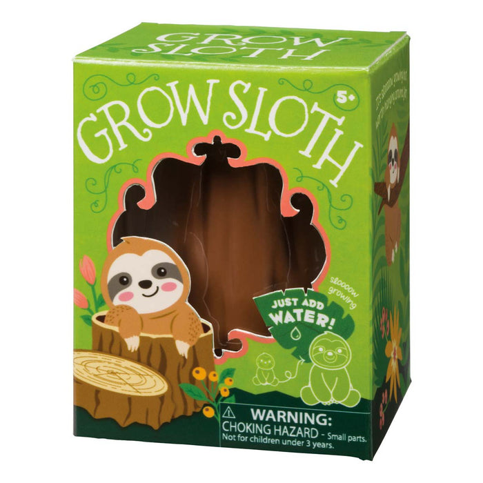 The Toysmith Grow Sloth novelty toy box by Toysmith features cartoon sloth graphics, a window showing the sloth figure, and a “Just add water!” label. Warning: choking hazard—small parts. Not for children under 3 years.