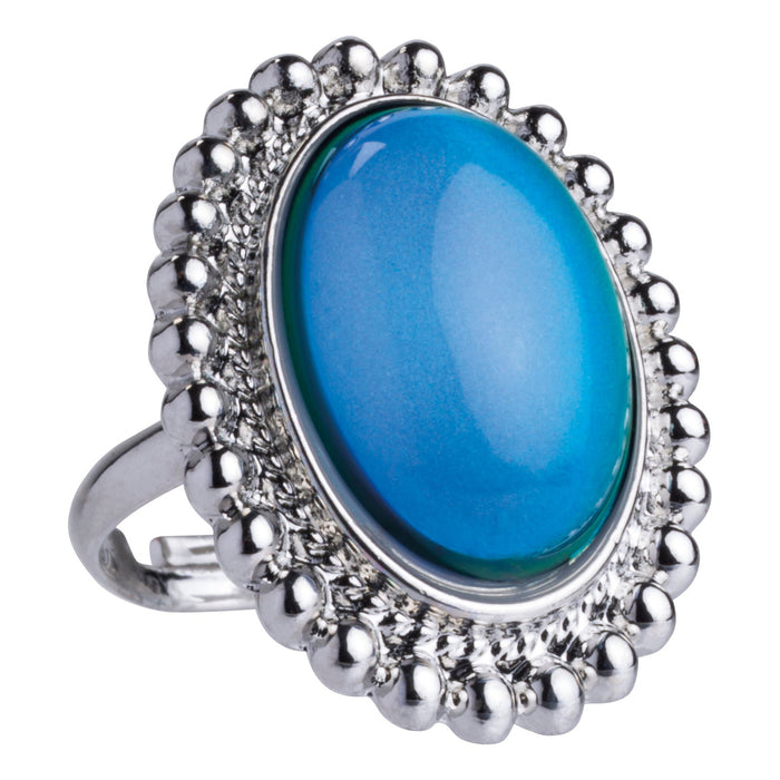 The Toysmith Jumbo Mood Ring by Toysmith features a large, oval blue center stone with a decorative beaded silver border—ideal for fans of bold statement and color-changing rings.
