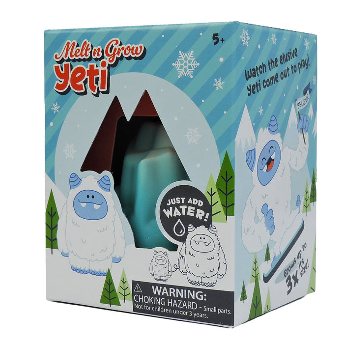 The Toysmith Melt N Grow Yeti toy box (ages 5+) features cartoon yetis, snowflakes, and trees. Just add water to grow your Yeti up to 3x its size. Includes a choking hazard warning. Brand: Toysmith.