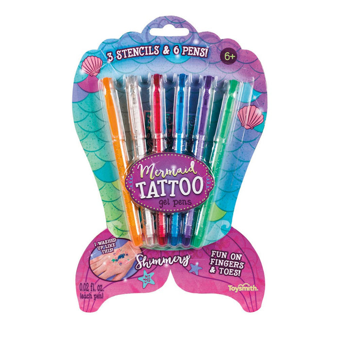 The Toysmith Mermaid Tattoo Gel Pens by Toysmith include 6 shimmery gel pens in a mermaid tail-shaped package, 3 stencils, and are perfect for ages 6+ to create fun temporary body art on fingers and toes.