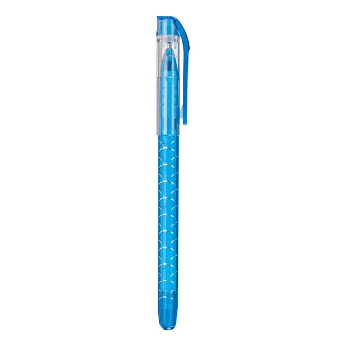 The Toysmith Mermaid Tattoo Gel Pen by Toysmith features blue gel ink, a clear cap and clip, and a patterned barrel inspired by mermaid tattoo designs. The pen is shown vertically with the cap on top.