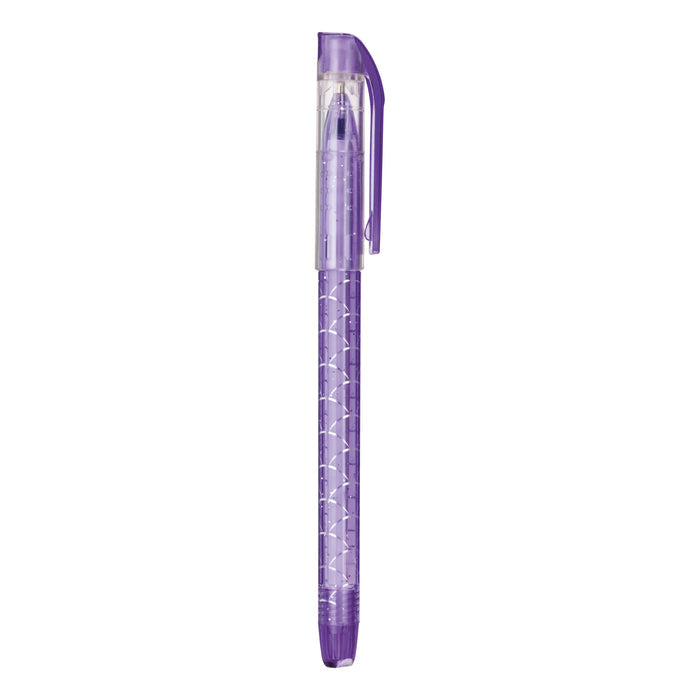 The Toysmith Mermaid Tattoo Gel Pen by Toysmith is a translucent purple gel-ink pen with a matching cap and clip, featuring a geometric-patterned barrel, shown upright against a white background.