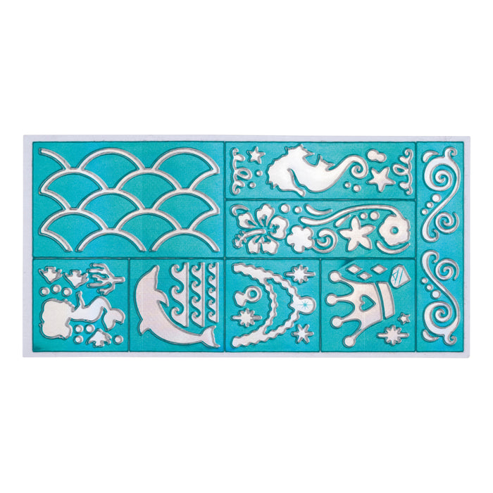 The Toysmith Mermaid Tattoo Gel Pens by Toysmith pair perfectly with a turquoise stencil sheet featuring ocean-inspired cutouts—waves, dolphin, fish, and mermaid—for creating fun temporary body art.