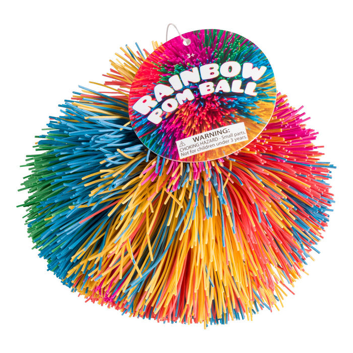 The Toysmith Rainbow Pom Ball is a vibrant sensory toy with spiky, flexible rubber strands in blue, green, yellow, orange, pink, and red—ideal for fidget-friendly fun.