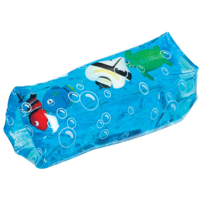 The Toysmith Sealife Water Snake by Toysmith is a blue squishy tube with bubble designs, featuring small plastic fish and a turtle inside—ideal as a sensory toy.