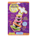 Toysmith Super Stacking Tops by Toysmith includes five multicolored stackable spinning tops in a clear blister pack. The purple package features yellow, white, and pink graphics and is designed for ages 5 and up.